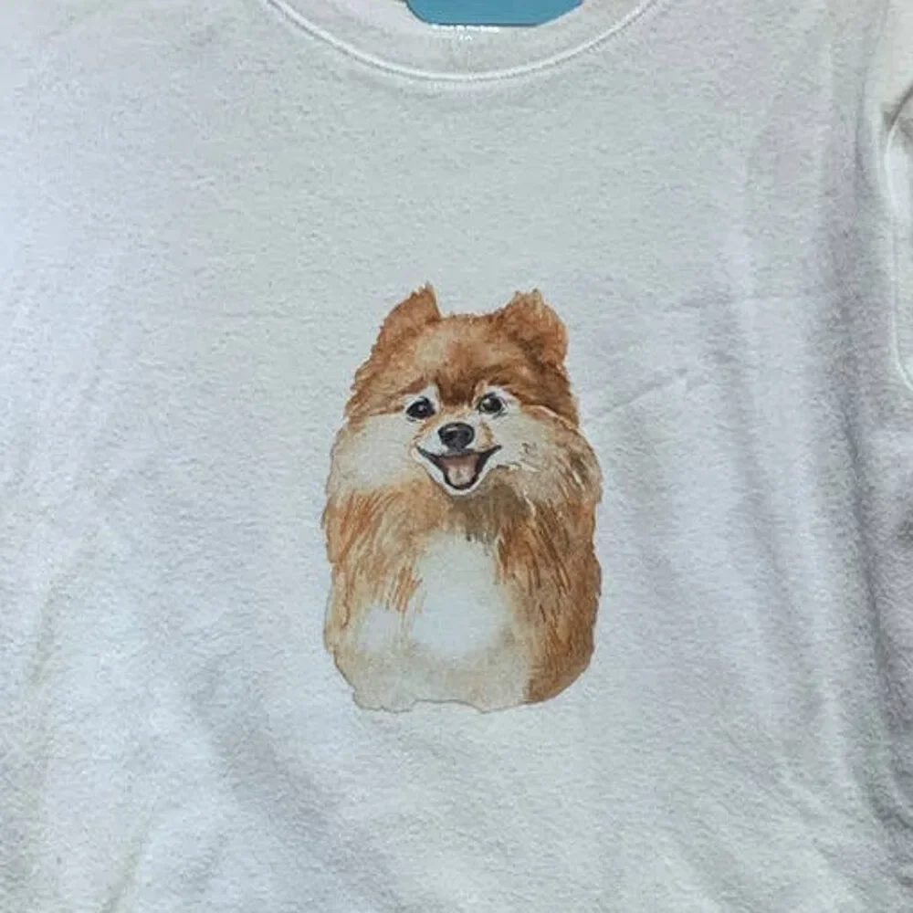 Hand Printed Upcycled Girls Size 10 Pomeranian Puppy Dog Long Sleeve Tee